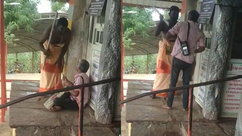 In a video, the priest is seen beating the security staffer and abusing him